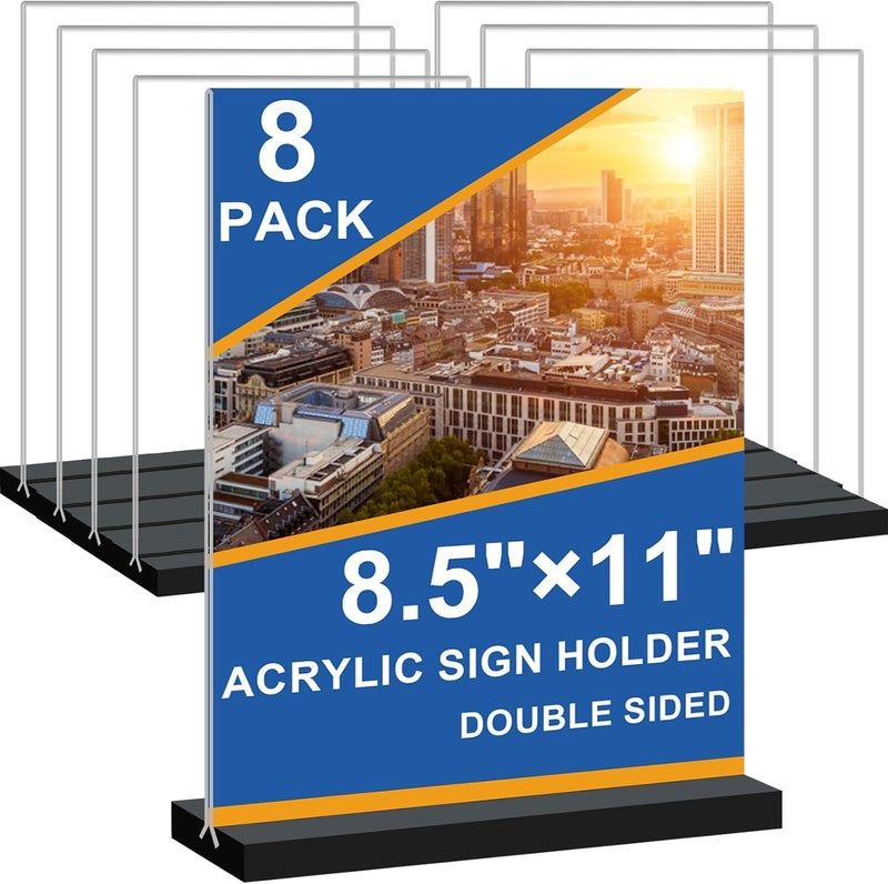 Seencool 8.5x11 Acrylic Sign Holder Vertical Double-Sided Tabletop Sign Holder with Black Base, Plastic Picture Frame Paper Holder, Clear Menu Display Stand for Office Restaurant Store Home 8 Pack - Image 1